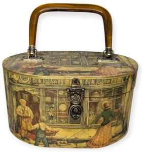 Vintage Decoupaged Wooden Purse with Brown Lucite/Plastic Handle 8" x 4.5" x 8.5 - Picture 1 of 16