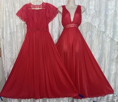 De colección M L Miss Elaine Rojo Mantequilla Suave Nylon Peignoir Bata Camisón Completo Encaje Olga Foto 1 de 4