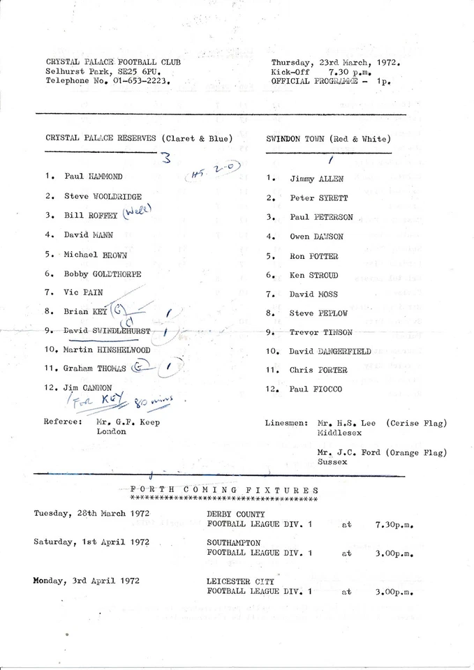 Crystal Palace Reserves v Swindon Town (Combination) 1971/1972 - Image 1 of 1