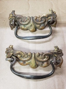 Lot of 2 Vintage Ornate Copper Drawer Pulls with Steel Drop Swing Pull Handles - Picture 1 of 4