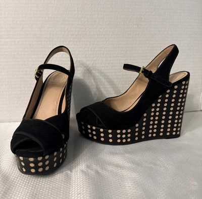 Sandalias/zapatos TORY BURCH Ollie de cuero/gamuza negros a lunares con plataforma de cuña 8,5 M Foto 1 de 4
