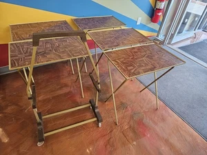 Vintage TV Trays With Stand Cart Set of 5 Faux Parquet Wood Metal Retro - Picture 1 of 12