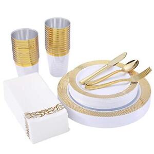 175 Piece Gold Dinnerware Set for 25 Guest- Gold Grid Plastic Plates Gold Pla