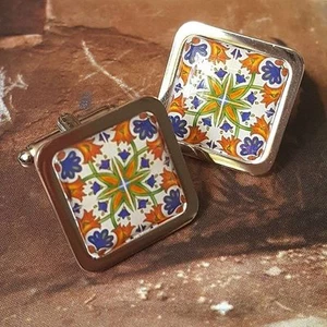 Unique SPANISH SUNBURST TILE CUFFLINKS portugal COOL moroccan TRADITIONAL madrid - Picture 1 of 1