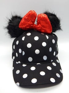 Disney Minnie Mouse Polka Dot Pom Pom Baseball Cap with Bow Black - NWT E427 - Picture 1 of 7