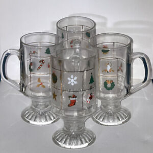 Vintage MCM Culver Christmas Xmas Potpourri Footed Pedestal Glass Holiday Mugs