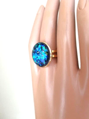 Opal Ring Peacock Fire Unfaceted Resin Opal 20mm 18Karat GP Stainless-Steel - Image 1 of 4