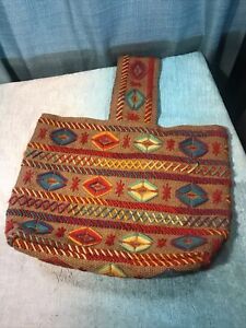 Sac fourre-tout vintage boho jute sac coude sac à main fil brodé à la main fond en bois années 1970