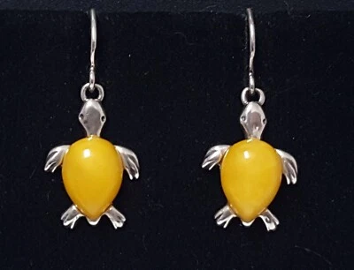Turtle Egg Yolk Amber Sterling Silver Dangle Hook Earrings 1-3/8" Long Yellow - Image 1 of 4