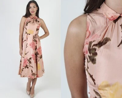 Vtg 50s Watercolor Rose Floral Full Skirt Dress Rockabilly Pageant Cocktail Sun - Image 1 of 4