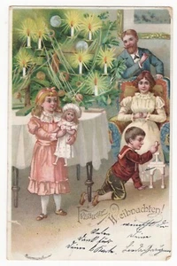 AK Weihnachten, Mädchen mit Puppe, Junge mit Bausteine, Eltern, Tannenbaum - Bild 1 von 2