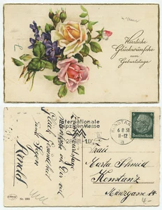40981 - Rosen - Geburtstag - Ansichtskarte, gelaufen Konstanz 6.8.1938 - Bild 1 von 2