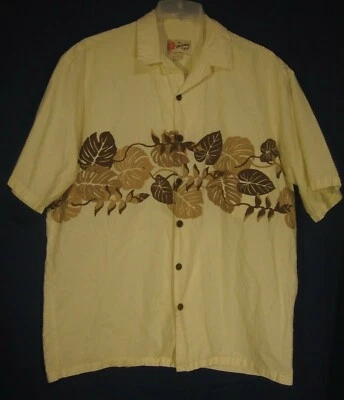 Camisa Hilo Hattie Hawaiana Aloha Para Hombre XL Marrón Crema Floral Hoja Estampado Medio Foto 1 de 4