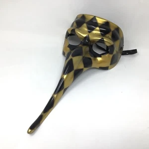 Black Gold Diamonds Long Nose Half Mask Mardi Gras Hard Plastic Ribbon Tie 12” - Picture 1 of 7