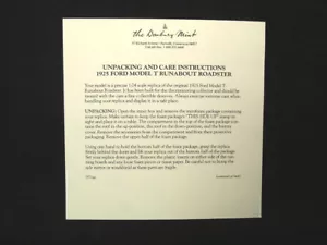 UNPACKING & CARE INSTRUCTION - DANBURY MINT 1925 FORD MODEL T RUNABOUT - Picture 1 of 1