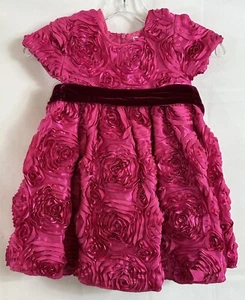 Hala Baloo Size 4 Pink Rosette Pattern Satin Holiday Party Dress Velvet Tie Belt - Picture 1 of 21