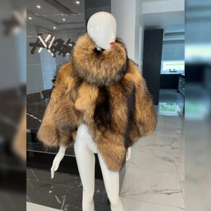 Women Genuine Thick Full Pelt Fashion Raccoon Fur Poncho Real Fur Wrap Cape Coat - Picture 1 of 10