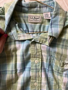 LL BEAN Vintage Green WHITE Blue Plaid All COTTON LONG-SLEEVE SHIRT MENS Medium - Picture 1 of 4