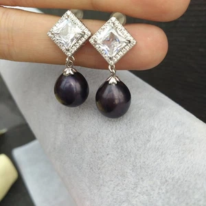 Gorgeous Huge AAA 10x2mm South Sea Black Green Pearl Earring - Picture 1 of 8