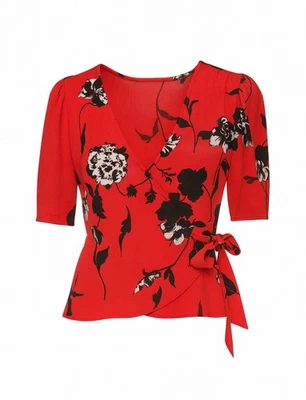 Blusa envolvente floral roja Yumi Kim talla pequeña manga kimono lazo cintura Foto 1 de 4