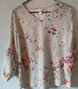 Christopher Banks V-Neck 3/4 Sleeve Lt Green Flowers Top Lace Blouse Sz L Large - Picture 1 of 4