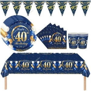 Blue 40th birthday party tablecloth plates napkins foil banner party decoration - Picture 1 of 19
