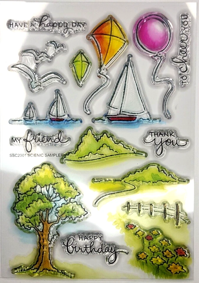 Scenic Sample Countryside Trees Seagulls Sailboats Kite Clear Stampendous Stamps - Image 1 of 1