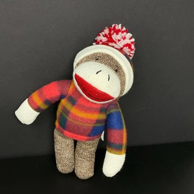 Dan Dee носок обезьяна плюшевая мягкая игрушка красный клетку свитер зимний помпон шляпа - Изображение 1 из 4