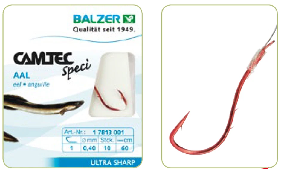 BALZER CAMTEC Speci Aal Rot gebundene Aalhaken Wurmhaken Vorfachhaken Aalangeln
