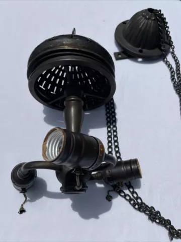 VINTAGE HANGING LIGHT FIXTURE BRONZE 3 Bulb Stained Glass Shade Holder Cover