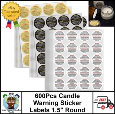 600 Pcs Candle Warning Stickers Labels 1.5" Round Black White Gold - Image 1 of 4