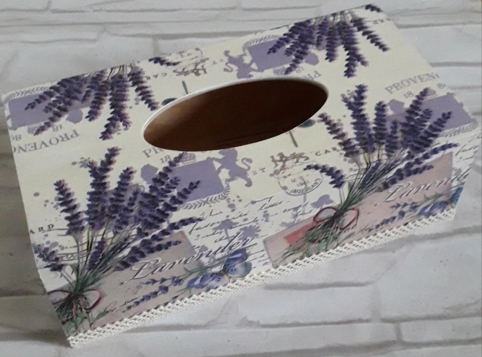 Lavender Flowers Rectangular Long Tissue Box Cover Handcrafted wooden decoupaged - Image 1 of 1