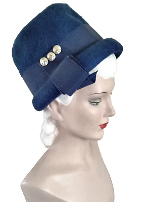 50s 60s Vintage Blue Fuzzy Felt Hat with Decorative Buttons and Ribbon - Image 1 of 4