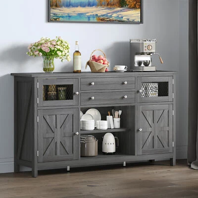 59" Farmhouse Sideboard Buffet Cabinet with 2 Drawers & Visual Grid Door Grey - Image 1 of 4