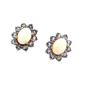 14k Yellow Gold 1.45ctw Opal and 1.00ctw Iolite Stud Earrings - Picture 1 of 4