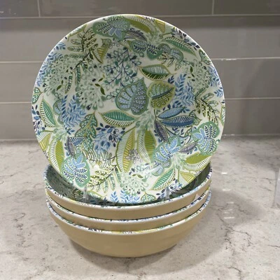 SET 4 Tropical Natural Palm Print SALAD BOWLS Tommy Bahama Melamine Green Blue - Image 1 of 4