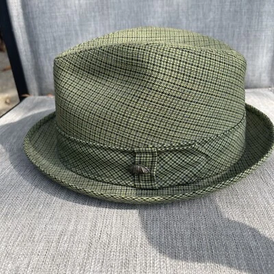 Vintage Green Houndstooth Fedora Hat Size 7 1/8 with Umbrella pin accent - Image 1 of 4