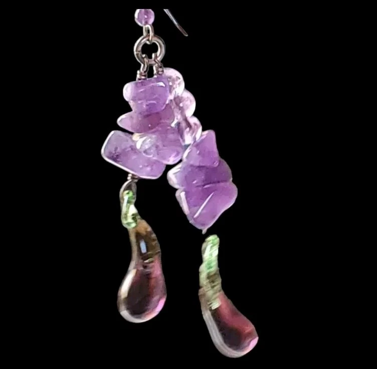  Amethyst & Glass Eggplant Earrings Beads  Purple Aubergines Cute  Veggie Quirky - Image 1 of 4
