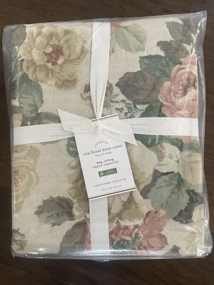 Pottery Barn KING Duvet Cover Rita Floral Cotton Linen Blush Pink Green NWT - Image 1 of 2