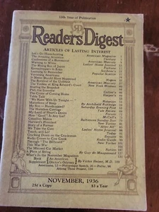 Reader's Digest November 1936; Vintage paperback, w/o ads (1936) VG PB 220107 - Imagen 1 de 2