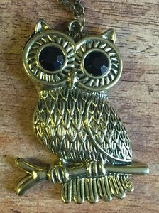 Vintage Owl Necklace Pendant Brooch Chain Old Brass Black Eyes 3” Length - Picture 1 of 6