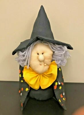 Chapéu de Halloween vintage feito à mão 11" de pelúcia bruxa estrelas e capa de lua - Imagem 1 de 4