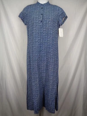 Liz Claiborne Vintage Blue Henley Maxi Shirt Dress Medium Linen Blend Slits New - Image 1 of 4