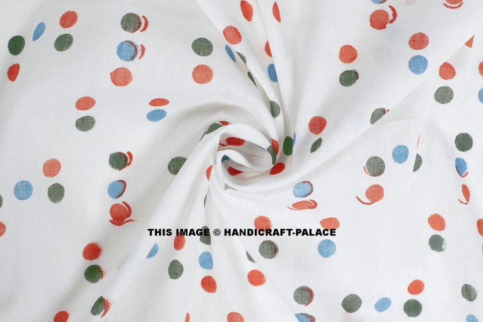 5/10 Yards Indian Hand Block Print Fabric 100 % Cotton White Polka Print Fabric - Image 1 of 3