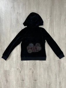 JUICY COUTURE Black Velour Hoodie Track Jacket Girls 8/10 Rhinestone Smiley Y2K - Picture 1 of 7