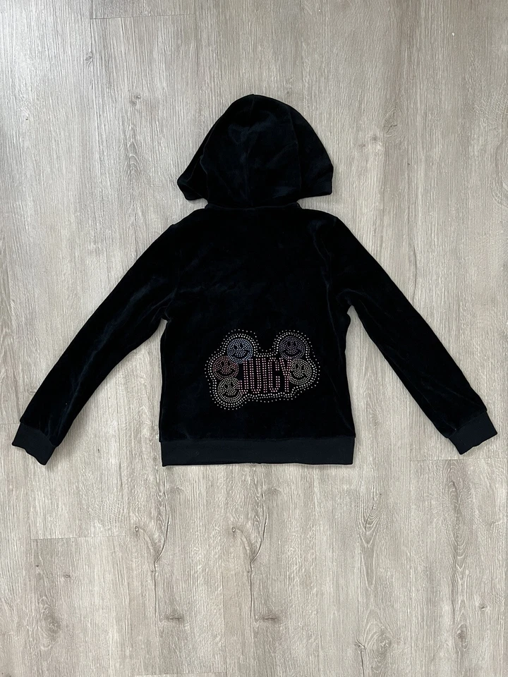 JUICY COUTURE Black Velour Hoodie Track Jacket Girls 8/10 Rhinestone Smiley Y2K - Image 1 of 4