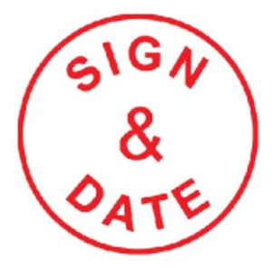 SIGN & DATE Stempel, vorgefärbt rot, glänzende Marke, runder 5/8" Durchmesser Aufdruck - Bild 1 von 1