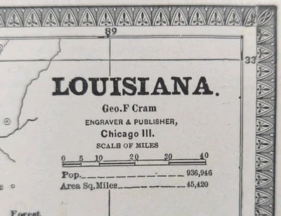 Vintage 1885 LOUISIANA Mapa 13"x11" Antigo Original NOVO ORLEANS METAIRIE - Imagem 1 de 4