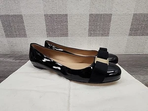 Salvatore Ferragamo Women's Black Patent Leather Varina Bow Flat Shoes 7B ✅️ - Picture 1 of 12