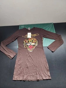 Ed Hardy Top Women's Size L Tiger Brown Long-Sleeve New With Tags - Picture 1 of 12